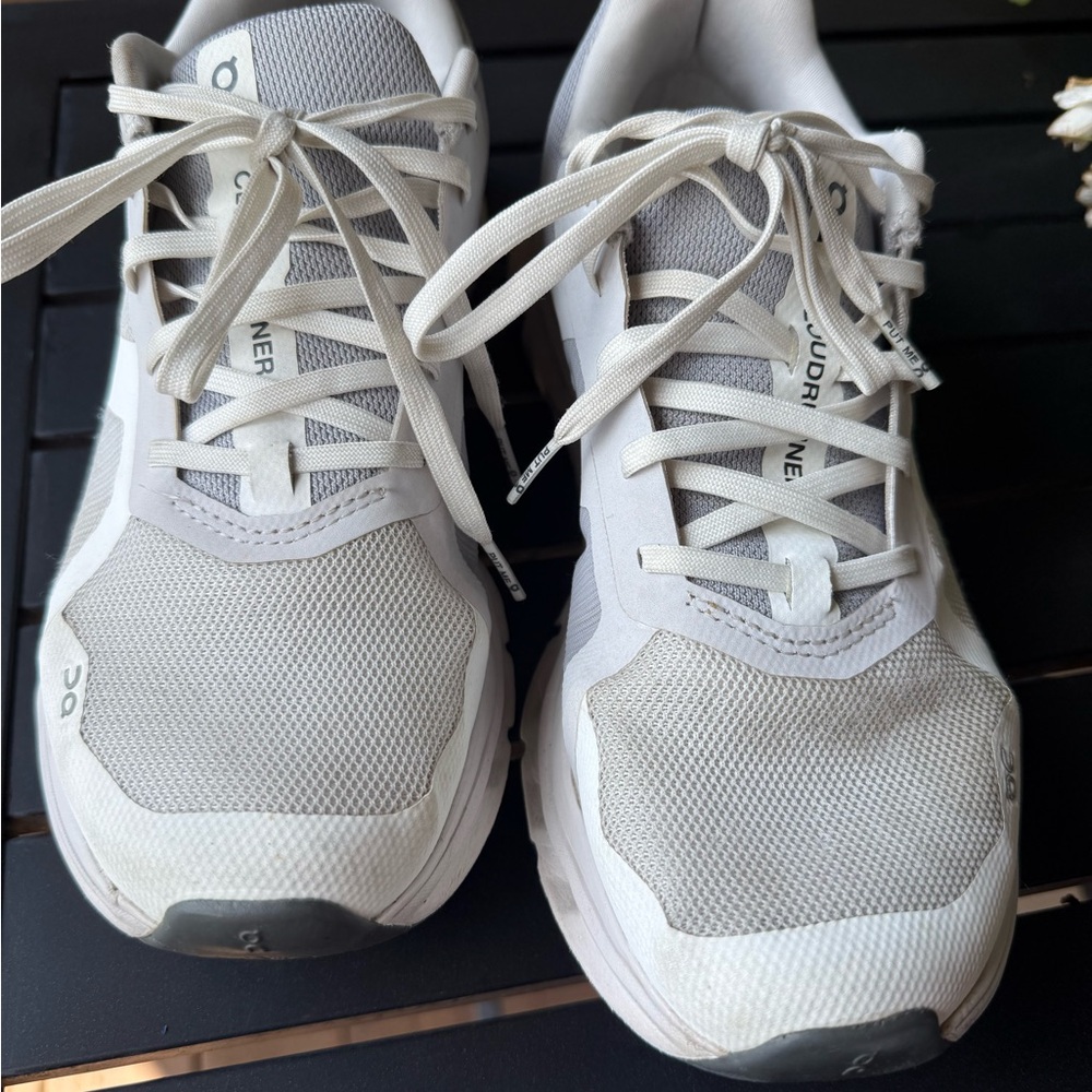 On Running Gray and White Athletic Shoes